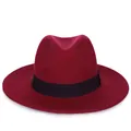 Classic wine red wool fedora hat featuring a black ribbon band and elegant wide brim - 57cm / Burgundy