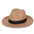 Classic light camel wool fedora hat with elegant black grosgrain ribbon accent - 57cm / Khaki