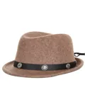 Brauner Wollfilzhut Fedora mit schwarzem Lederband und Vintage-Silberschnalle - 52cm / Kamelfarben Mischung