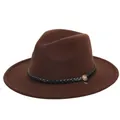 Classic dark brown wide brim fedora hat with black leather belt and gold badge - M (56-58cm) / Coffee