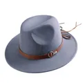 Classic grey-blue wool fedora hat with a stylish brown leather band and metal buckle - Gray