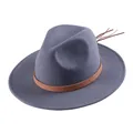Klassischer grauer Wollfilzhut mit braunem Lederband und Fransen für Damen und Herren - 55cm / Grau