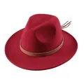 Dark red wool fedora hat with wide brim and brown snake print leather band - 55cm / Red