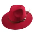 Classic red wool fedora hat with a decorative brown leather band and silver buckle - 55cm / Red