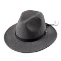 Classic dark grey wool fedora hat with wide brim, black leather band and metal buckle - Mixed Dark Gray