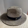 Handwoven straw fedora sun hat with black ribbon and metallic logo detail - M (56-58cm) / Wide Brim Fedora / Natural