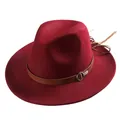 Elegant burgundy wool fedora hat with a brown faux leather band and metallic buckle detail - 55cm / Burgundy