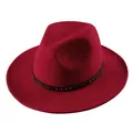 Elegant dark red wool fedora hat with wide brim and studded black decorative band - 57cm / Red