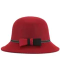Elegant deep red wool felt cloche hat for women with a black bow ribbon decoration - M / Red