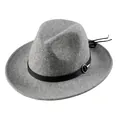 Classic grey wool fedora hat with black leather band and silver buckle detail - Mixed Light Gray