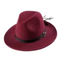 Elegant wine red wool fedora hat with black leather band and silver metal buckle detail - Burgundy
