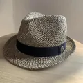 Classic beige straw fedora hat with black ribbon and vintage metal badge detail - M (56-58cm) / Metal Logo Fedora / Natural