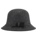 Elegant dark grey wool cloche hat for women with a black bow and stitched ribbon detail - M / Dark Gray