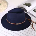 Dark blue wool felt fedora with brown leather band and bohemian fringe tassels - Navy Blue