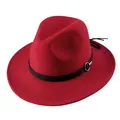 Classic red wool wide-brim fedora hat with black leather band and silver buckle - 55cm / Red