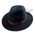 Classic dark blue wool fedora hat with brown leather band and metal ring buckle - 55cm / Mixed Blue