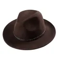 Dark brown wool felt fedora hat featuring a black band with metallic gold square studs - 57cm / Brown