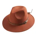 Classic rust red wool fedora hat with brown leather band and metallic ring detail - 55cm / Rust red