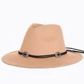 Classic camel wide brim felt fedora with black leather cord and silver vintage buckle - 55cm / Khaki