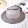 Classic light grey wool felt fedora hat with brown leather band and metallic concho - Gray