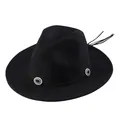 Black wool felt fedora hat with silver concho buckles and leather fringe details - 55cm / Black