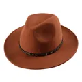 Caramel brown wool fedora hat with a wide brim and studded black decorative band - 57cm / Rust red