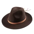 Dark coffee wool fedora hat with snakeskin patterned band and leather drawstring detail - 55cm / Brown
