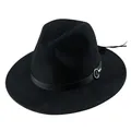Classic black wool felt fedora hat featuring a leather band with silver metal ring and tassel - 55cm / Black