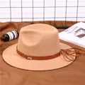 Camel wide brim fedora wool hat with brown leather strap and silver buckle detail - Khaki