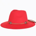 Classic red wide brim fedora hat with brown belt strap and vintage metal buckles - M (56-58cm) / Western Tassel Style / Red