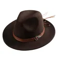 Dark coffee wool fedora with a leather band and silver metal buckle decoration - Brown