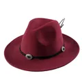 Cappello fedora rosso vino a tesa larga con cinturino in pelle nera e fibbie argento - 55cm / Borgogna