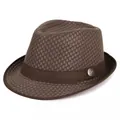 Unisex dark brown breathable mesh fedora hat with decorative band and silver emblem - 58cm / Coffee
