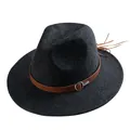 Classic dark grey wool fedora hat with brown leather band and silver metal buckle - Mixed Black