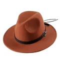 Caramel wool fedora hat featuring a stylish black leather band and silver metal ring buckle - Rust red