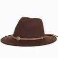 Classic dark coffee wool fedora hat featuring a brown leather band and metal accents - Brown