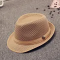 Unisex khaki breathable woven fedora hat with decorative ribbon and vintage metal badge - 58cm / Khaki
