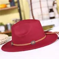 Stylish burgundy wool felt fedora hat with a decorative brown leather concho band - Burgundy