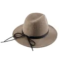 Classic beige wool felt fedora with a black leather band and bow decoration - Mixed Camel