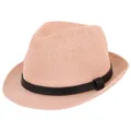 Detail of pink straw fedora hat featuring a woven texture and black leather decorative belt - 57cm / Pink Style 3