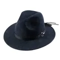 Classic navy wool fedora hat with a wide brim and decorative black leather band - Mixed Blue
