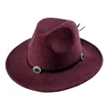 Cappello fedora in feltro di lana bordeaux con fascia nera e fibbia in metallo vintage - 55cm / Rosso Vino Misto