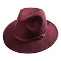 Dark wine red wool fedora hat featuring a brown leather band with silver metal buckle - Mixed Wine Red