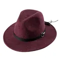 Classic wine red wool fedora hat with black leather belt and silver metal ring detail - Mixed Wine Red