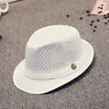 White woven fedora with breathable mesh, satin band and decorative bronze buckle - 58cm / White