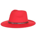 Classic bright red wool fedora with a black studded leather band for women and men - M(56-58cm) / Red