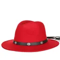 Classic red wool fedora with black leather band and silver studs for women and men - 57cm / Red