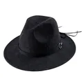 Dark grey wool fedora hat with black leather band and decorative metal ring detail - Mixed Black