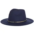 Navy blue wide-brim wool fedora hat with black leather band and metallic square studs - M(56-58cm) / Navy Blue