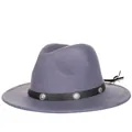 Mauve wool fedora hat featuring a black leather band and silver embossed metal buckles - 57cm / Gray